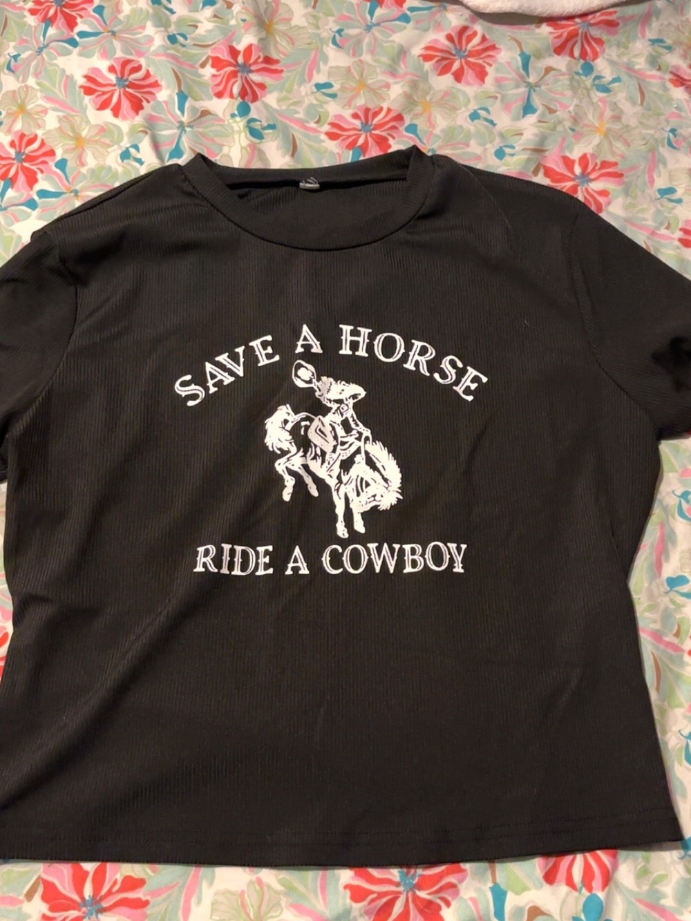 Amazon Black Tee with White 'Save a Horse Ride a Cowboy' Graphic